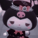 Kuromi wearing a gothic hat and dress with a bored, unimpressed expression.