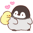 A cute penguin hugging a small yellow chick with pink hearts floating above them.