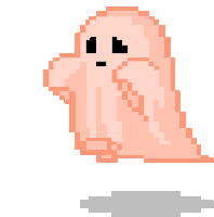 A small pink pixel ghost looking down shyly with a soft shadow beneath it.