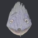 A crudely drawn blue hedgehog with a wide, drooling, and distorted grin.