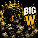A skeleton wearing a gold crown and sunglasses surrounded by falling dollar bills with the text Big W.