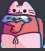 A pink cat character resting its chin on its hand in a thoughtful pose.