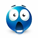 Blue spherical smiley face with wide eyes and a gaping open mouth expressing extreme shock.