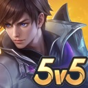 A serious-looking anime-style warrior character with brown hair stares intensely next to a bold 5v5 gold logo.