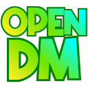 The text OPEN DM in a bold sans-serif font with a yellow-to-blue gradient on a solid green background.