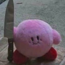 Kirby plush holding a large kitchen knife with a blank, menacing expression.