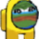 Pepe the Frog face inside a yellow Among Us astronaut suit looking suspicious.