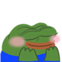 Pepe the Frog with pink blushing cheeks and hands pressed against its face in a shy expression.