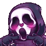 Ghostface mask with a shy expression and a small heart on its nose, doing the uwu hand gesture.