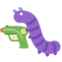 A purple caterpillar holding a green pistol in a flat art style.