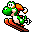 Yoshi wearing a Santa hat while skiing on a wooden board in a retro pixel art style.
