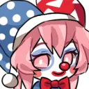 Anime girl wearing a clown hat and makeup with a mischievous smile.