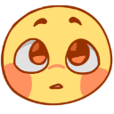A yellow round face with large, glossy eyes looking upward and rosy pink cheeks.