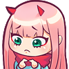 Zero Two from Darling in the Franxx with pink hair and red horns looking shy and hesitant.