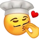 Yellow smiley face wearing a chef hat making a kissing gesture with its fingers and a small red heart.