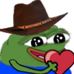 Pepe the Frog wearing a brown cowboy hat while holding a red heart.