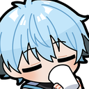 Chibi anime boy with blue hair calmly sipping from a white cup with eyes closed.