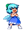 Cirno from Touhou Project laughing with her arms crossed before falling over.
