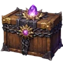 Treasure chest with ornate metal trim and a glowing purple crystal on top.
