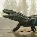 Megalosaurus dinosaur walking with its mouth open in a misty forest.