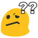 Blob character with a skeptical expression and question marks floating above its head.