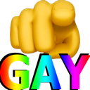 A yellow hand pointing forward with the word GAY written in rainbow colors below it.