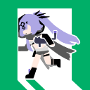 Anime girl with purple hair running through a green exit sign doorway.