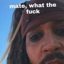 Jack Sparrow looking into the camera with a confused expression and the text mate what the fuck overlaid.