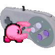 Kirby frantically pressing buttons on a gray SNES controller with a determined expression.