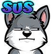 A gray husky with narrowed eyes and a blue SUS text label above its head.