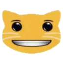 A yellow cat face with a wide, unsettling, and perfectly straight Roblox winning smile.