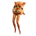 A Furby head attached to a pair of realistic human legs.