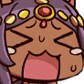 Sheba from Magi with an exaggerated angry expression, eyes closed and mouth wide open in a scream.