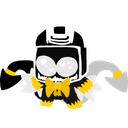 A small black and white creature wearing a top hat and yellow bow tie looking on with admiration.