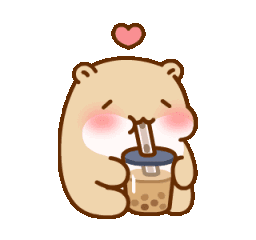 A cute brown bear with rosy cheeks drinking boba tea with a heart floating above its head.