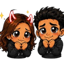 A girl with red devil horns and a boy with curly hair looking shyly and mischievously at the camera.