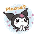 Kuromi with large sparkling eyes and hands clasped together in a pleading gesture with the word Please? above her.