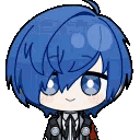 Makoto Yuki with blue hair and a smug expression smiling.