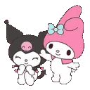 My Melody gently pats Kuromi on the head while both characters smile happily.