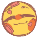 A yellow circular face with a mustache and hearts on its cheeks, wearing a smug, knowing expression.