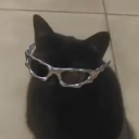 A black cat wearing futuristic silver wraparound sunglasses.