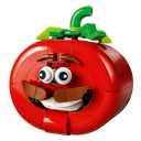 Tomato character with a brown mustache and wide eyes made of building blocks.