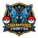 Butterfly emblem centered on a shield with pokeballs on both sides and the text Champions Frontier below.