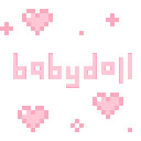 Babydoll text in a pixel font surrounded by pink pixel hearts and sparkles.