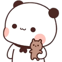 Panda with rosy cheeks holding a small brown teddy bear against its chest.