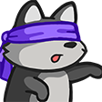 A cartoon wolf wearing a purple blindfold with a confused expression.