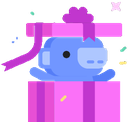 Wumpus the Discord mascot popping out of a pink gift box with a purple bow.