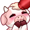 A cute cow with pink spots smiling happily while receiving a head pat from a hand.