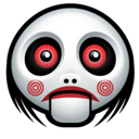Billy the Puppet from Saw with red eyes and red spiral cheeks on a black background.