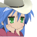 Konata Izumi from Lucky Star wearing a cowboy hat and resting her chin on her hands with a bored expression.